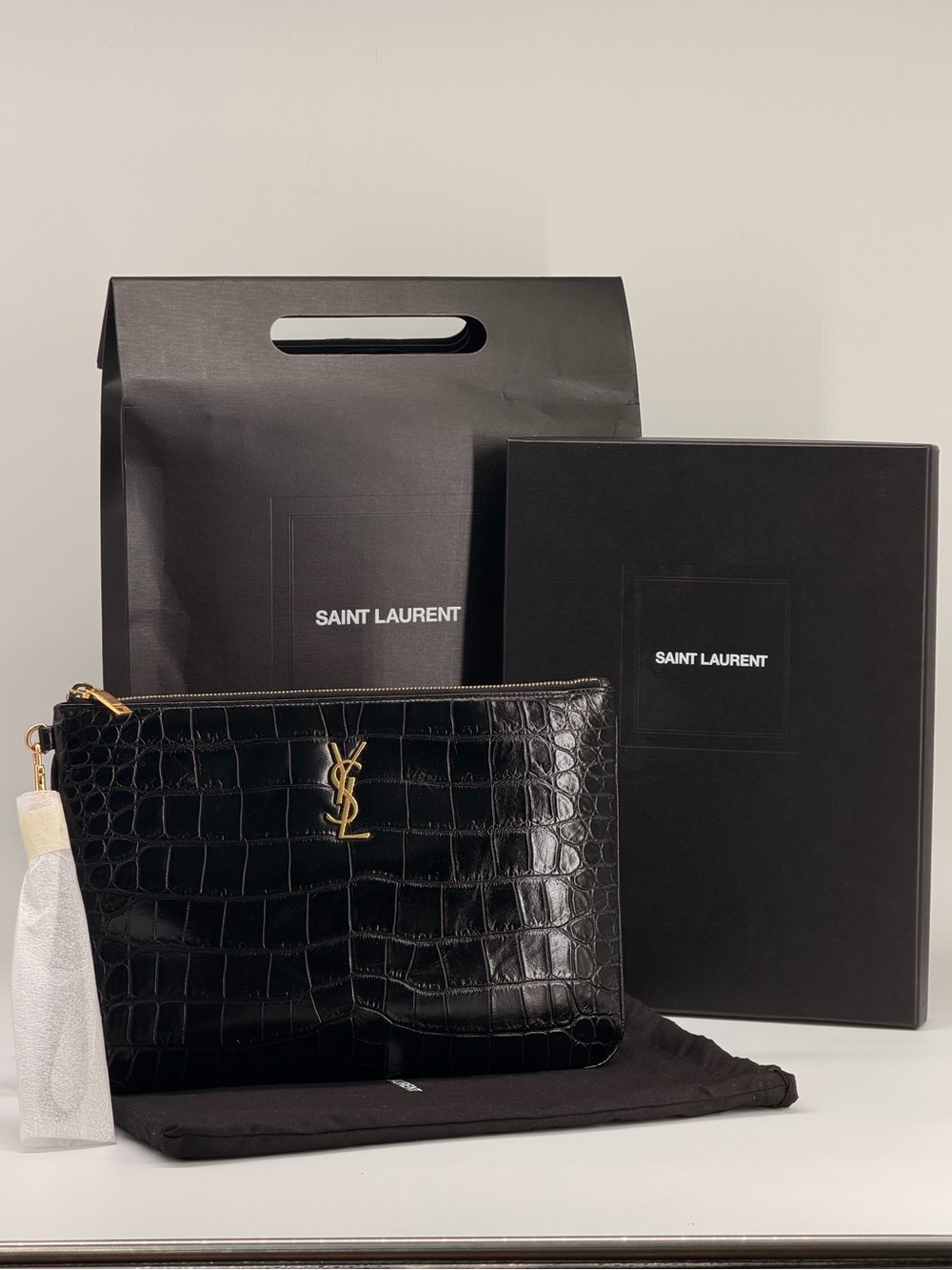 Saint Laurent Black Croc Embossed Leather Pouch